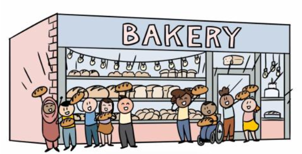 Cartoon image of people standing in front of a bakery cheering with bread